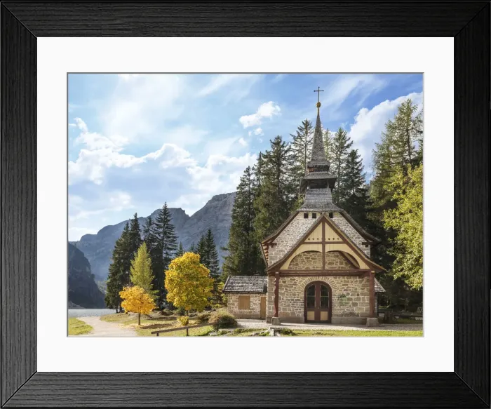 Framed Print : Small chapel on Lake Braies in autumn, South Tyrol, Italy