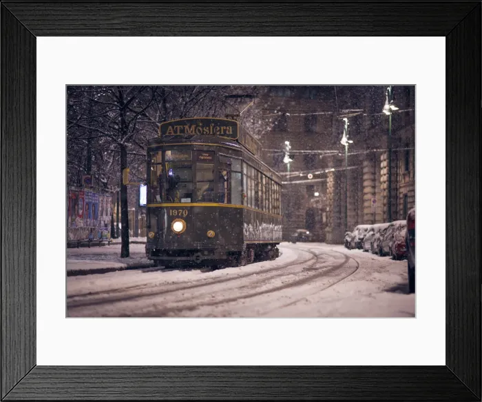 Framed Print : The restaurant tram ATMosfera'traveling in Piazza Castello in Milano during a
