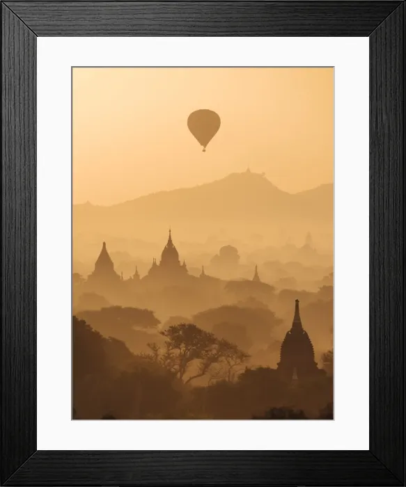 Framed Print : View of Temples and Hot Air Balloons at dawn, Bagan, Mandalay Region, Myanmar Framed Print : View of Temples and Hot Air Balloons at dawn, Bagan, Mandalay Region, Myanmar