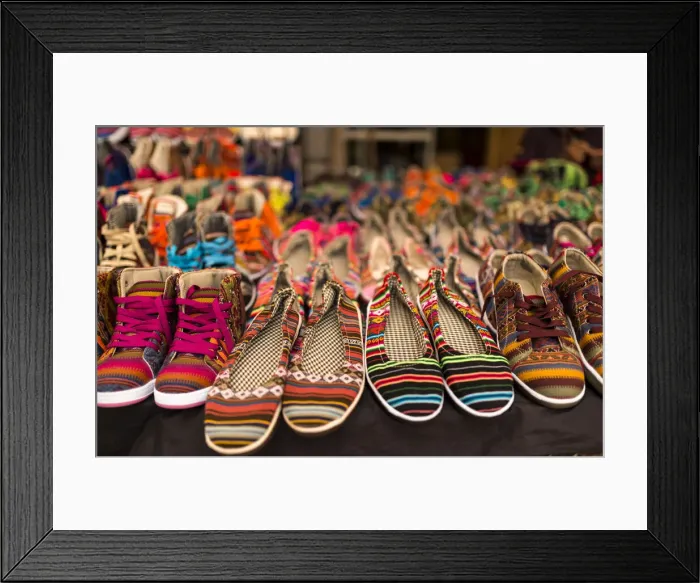Framed Print : Shoe stall, Pisac Textiles Market, Sacred Valley, Peru Framed Print : Shoe stall, Pisac Textiles Market, Sacred Valley, Peru