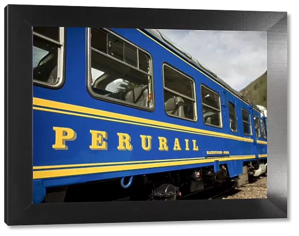 Perurail train waiting at platform, Ollantaytambo, Sacred Valley, Peru