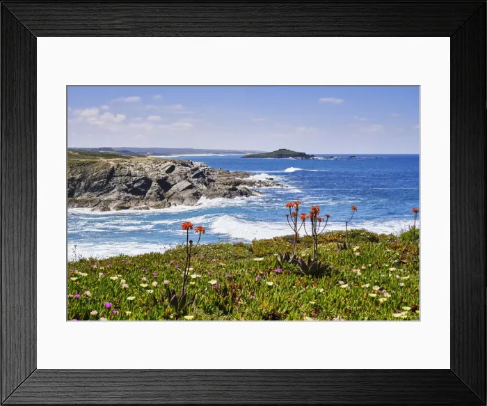 Framed Print : The coastline of Porto Covo with the fortress of Pessegueiro island. Sines, Portugal Framed Print : The coastline of Porto Covo with the fortress of Pessegueiro island. Sines, Portugal