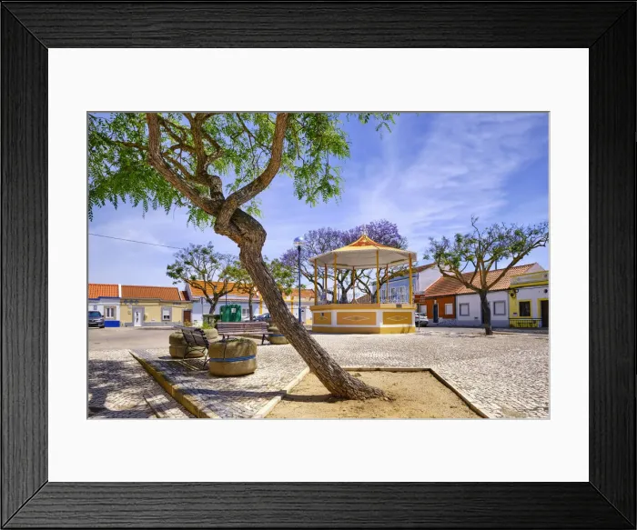 Framed Print : The main square of the fishing village of Rosario with the traditional bandstand, Moita Framed Print : The main square of the fishing village of Rosario with the traditional bandstand, Moita