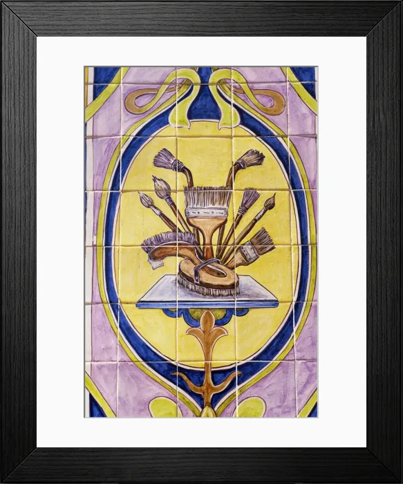 Framed Print : Traditional tiles in the facade of a shop. Lisbon, Portugal