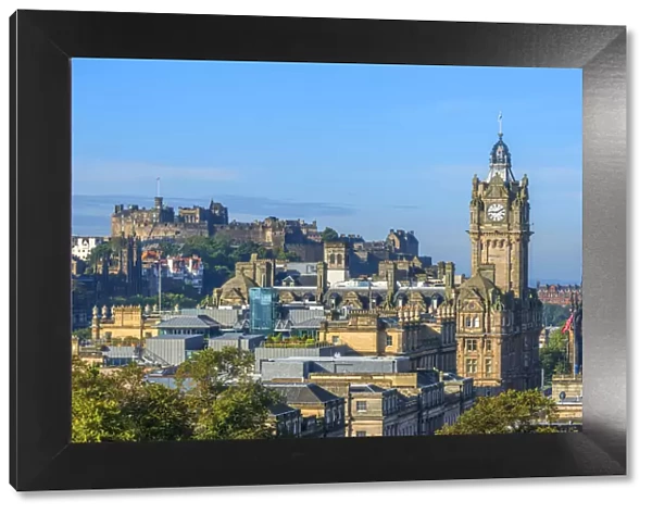 View from Calton Hill at Balmoral Hotel, Walter Scott Monument and Edinburgh Castle