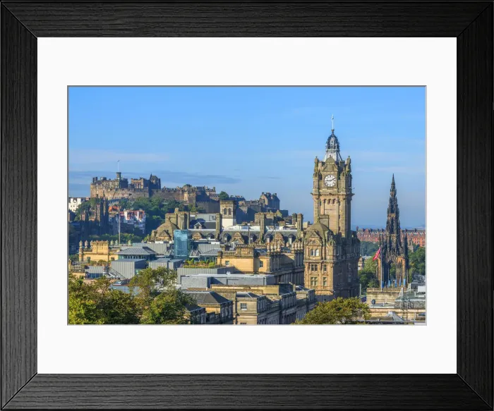 Framed Print : View from Calton Hill at Balmoral Hotel, Walter Scott Monument and Edinburgh Castle Framed Print : View from Calton Hill at Balmoral Hotel, Walter Scott Monument and Edinburgh Castle