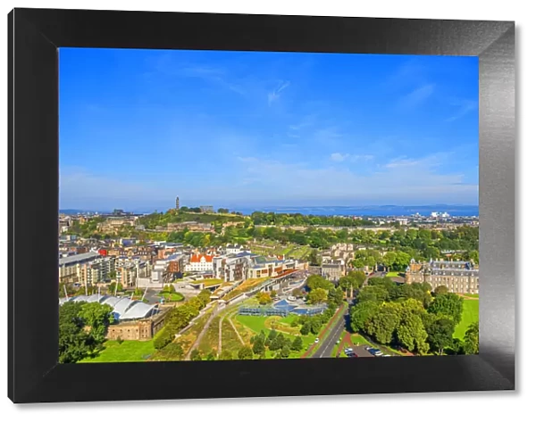 Calton Hill, New Scottish Parliament and Palace of Holyroodhouse, Edinburgh, Scotland