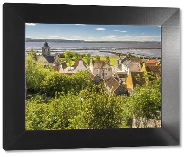 View across the gardens to the village of Culross, Fife, Scotland, Great Britain