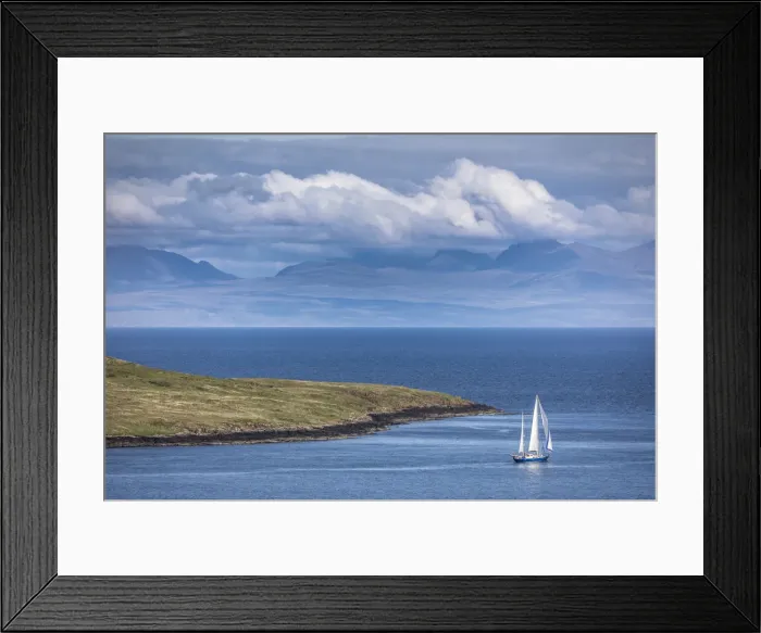Framed Print : Sailboat off the coast in the northeast of the Trotternish Peninsula, Isle of Skye