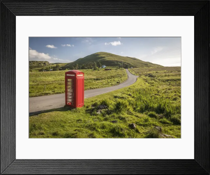 Framed Print : Telephone booth on remote country lane in the north of the Trotternish Peninsula
