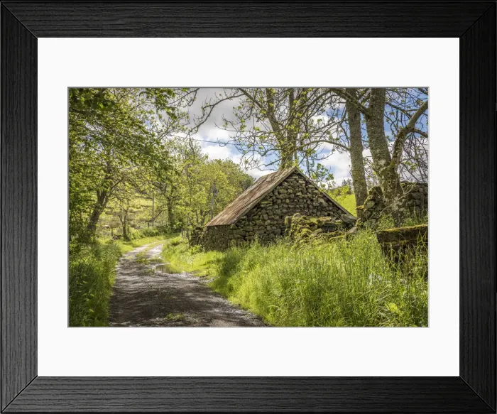 Framed Print : Country road with stone hut at Blacklunans, Blairgowrie, Perth and Kinross, Scotland Framed Print : Country road with stone hut at Blacklunans, Blairgowrie, Perth and Kinross, Scotland