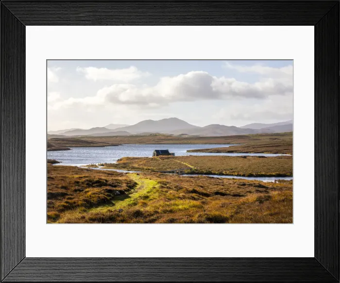 Framed Print : Bothy beside a loch and beautiful mountains beyond, Isle of Harris, Outer Hebrides Framed Print : Bothy beside a loch and beautiful mountains beyond, Isle of Harris, Outer Hebrides