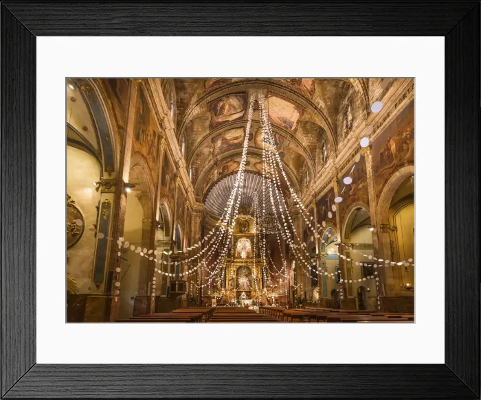 Framed Print : Santa Maria dels Angels church in Pollenca with Christmas decorations, Mallorca, Spain Framed Print : Santa Maria dels Angels church in Pollenca with Christmas decorations, Mallorca, Spain