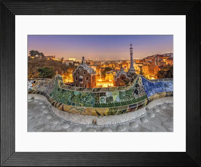 Framed Print : Park Guelll and night city skyline behind, Barcelona, Catalonia, Spain Framed Print : Park Guelll and night city skyline behind, Barcelona, Catalonia, Spain