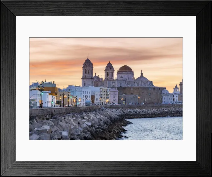 Framed Print : Old town skyline at sunrise with Cathedral, Cadiz, Andalusia, Spain