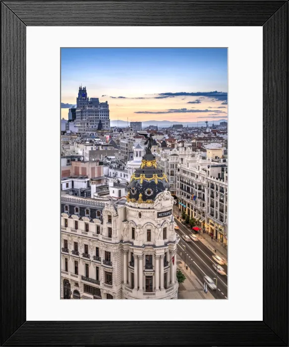 Framed Print : Gran Via and city skyline at sunset, Madrid, Community of Madrid, Spain Framed Print : Gran Via and city skyline at sunset, Madrid, Community of Madrid, Spain