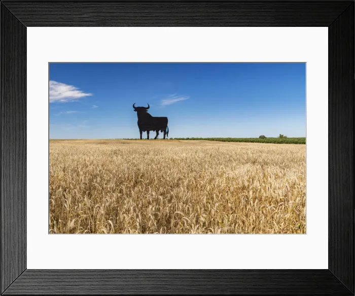 Framed Print : Scenic landscape with a silhouetted image of an Osborne bull billboard in rural Andalusia Framed Print : Scenic landscape with a silhouetted image of an Osborne bull billboard in rural Andalusia