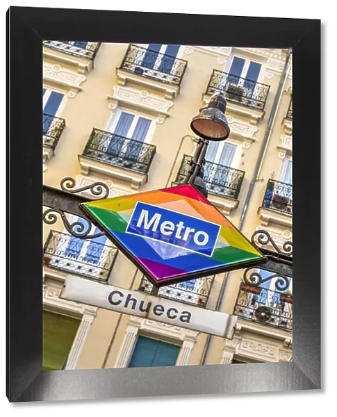 Chueca metro sign with rainbow flag, Madrid, Community of Madrid, Spain