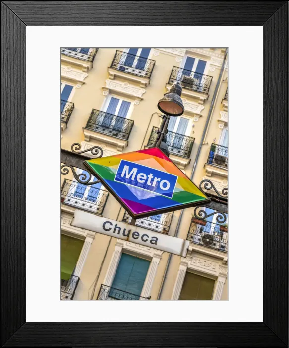 Framed Print : Chueca metro sign with rainbow flag, Madrid, Community of Madrid, Spain Framed Print : Chueca metro sign with rainbow flag, Madrid, Community of Madrid, Spain