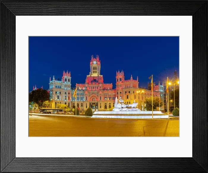 Framed Print : Cybele Palace or Palacio de Cibeles city hall illuminated by colors of Spanish flag Framed Print : Cybele Palace or Palacio de Cibeles city hall illuminated by colors of Spanish flag
