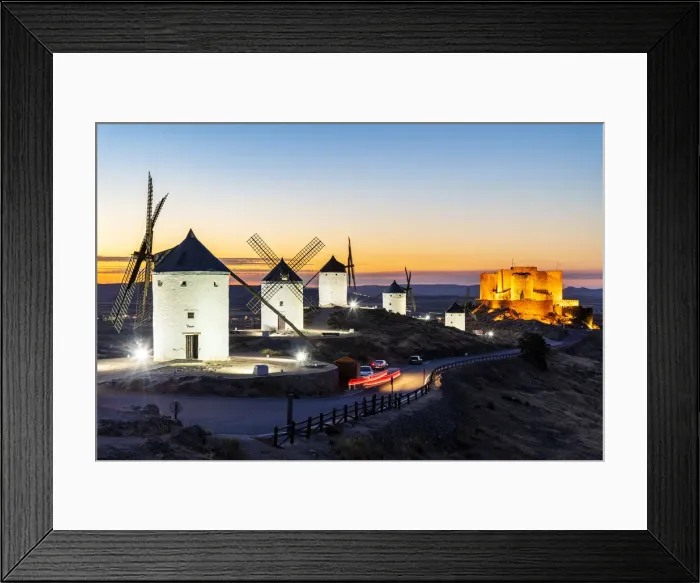 Framed Print : Old Spanish windmills at sunset, Consuegra, Castilla-La Mancha, Spain Framed Print : Old Spanish windmills at sunset, Consuegra, Castilla-La Mancha, Spain