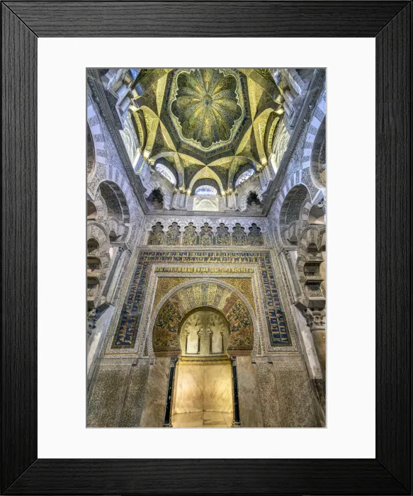 Framed Print : Mosaic-decorated mihrab and ceiling in the original section of the mosque building inside Framed Print : Mosaic-decorated mihrab and ceiling in the original section of the mosque building inside