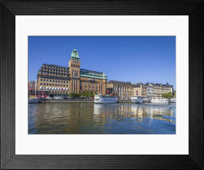 Framed Print : Stockholm harbor with historic hotel and ferries, Sweden