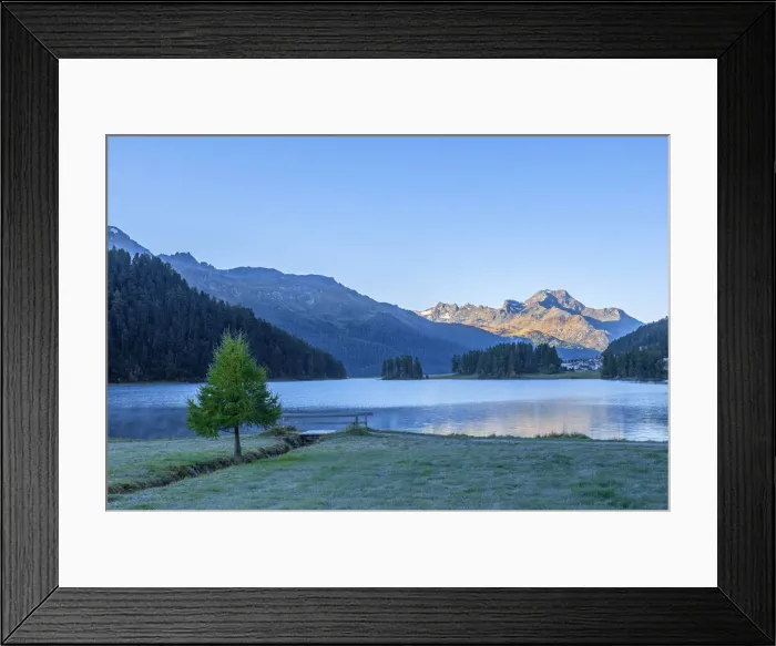 Framed Print : Lake Champfer at dawn with Piz da la Margna, Bernina mountain range, Upper Engadin, Grisons (Graubunden), Switzerland Framed Print : Lake Champfer at dawn with Piz da la Margna, Bernina mountain range, Upper Engadin, Grisons (Graubunden), Switzerland
