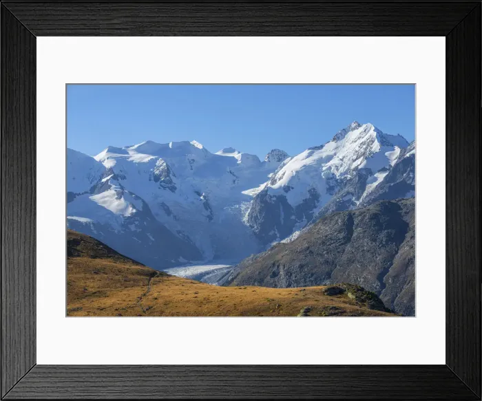 Framed Print : View from Alp Languard at Bernina mountain range, Pontresina, Upper Engadin, Grisons (Graubunden), Switzerland Framed Print : View from Alp Languard at Bernina mountain range, Pontresina, Upper Engadin, Grisons (Graubunden), Switzerland