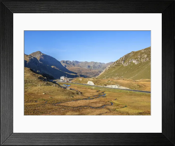 Framed Print : Julier pass road with hospice, Upper Engadin, Grisons (Graubunden), Switzerland Framed Print : Julier pass road with hospice, Upper Engadin, Grisons (Graubunden), Switzerland