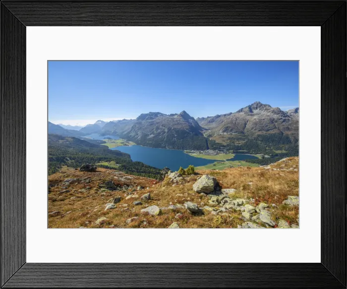 Framed Print : Lake Silvaplana and Lake Sils with Piz Lagrev, Bernina mountain range, Upper Engadin, Grisons (Graubunden), Switzerland
