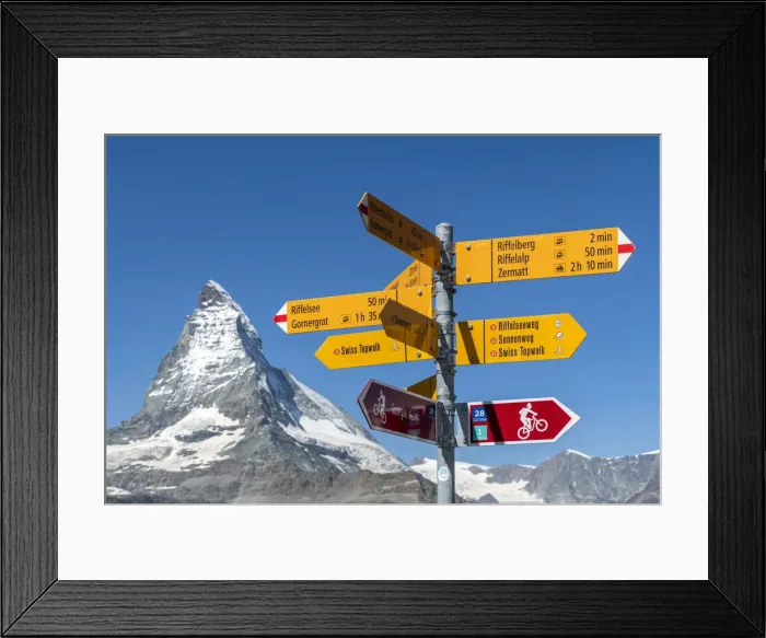 Framed Print : Hiking trails signpost with Matterhorn in the background, Zermatt, Valais, Switzerland Framed Print : Hiking trails signpost with Matterhorn in the background, Zermatt, Valais, Switzerland