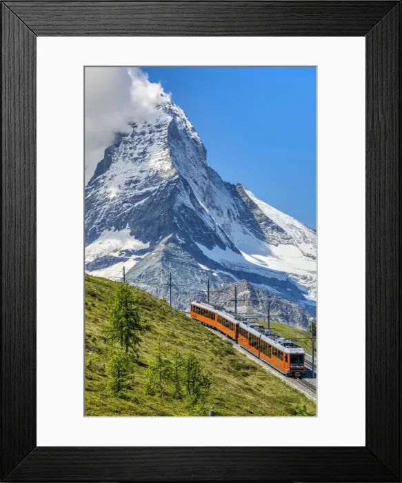 Framed Print : Train along the Gornergrat mountain rack railway with Matterhorn in the foreground Framed Print : Train along the Gornergrat mountain rack railway with Matterhorn in the foreground