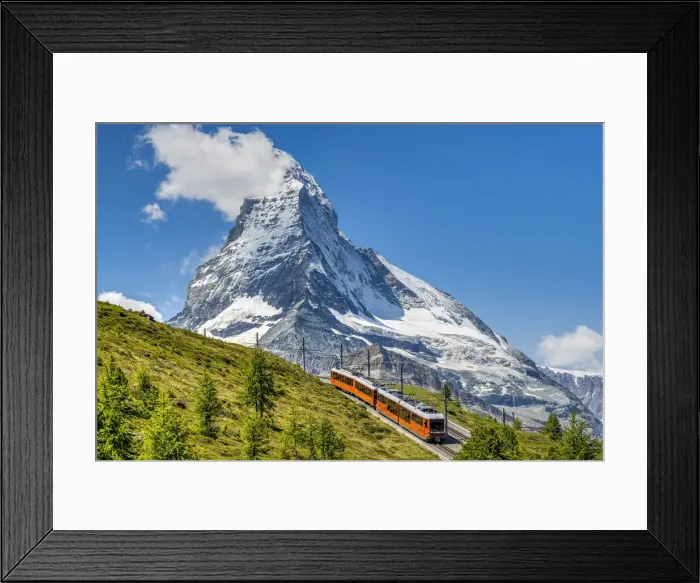 Framed Print : Train along the Gornergrat mountain rack railway with Matterhorn in the foreground Framed Print : Train along the Gornergrat mountain rack railway with Matterhorn in the foreground
