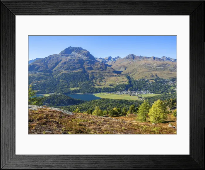 Framed Print : Lake Champfer with Champfer, Bernina mountain range, Upper Engadin, Grisons (Graubunden), Switzerland Framed Print : Lake Champfer with Champfer, Bernina mountain range, Upper Engadin, Grisons (Graubunden), Switzerland