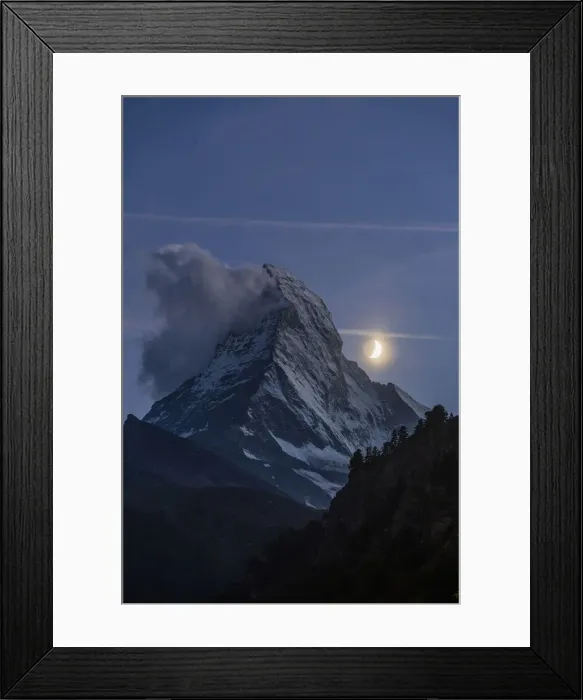Framed Print : Night view of Matterhorn with crescent moon, Zermatt, Valais, Switzerland Framed Print : Night view of Matterhorn with crescent moon, Zermatt, Valais, Switzerland