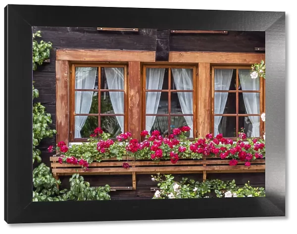 Typical wooden house decorated with flowers, Zermatt, Valais, Switzerland