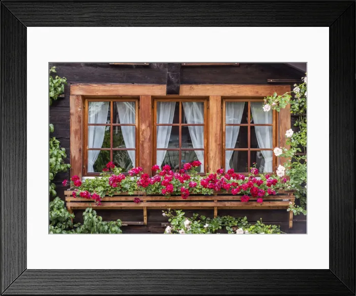 Framed Print : Typical wooden house decorated with flowers, Zermatt, Valais, Switzerland Framed Print : Typical wooden house decorated with flowers, Zermatt, Valais, Switzerland