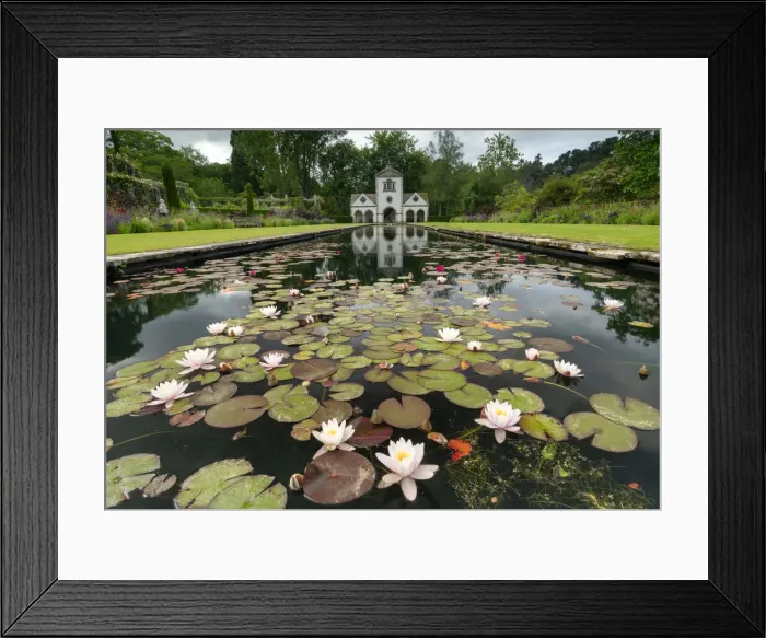 Framed Print : The Pin Mill & Lily Pond, Bodnant Gardens, near Tal-y-Cafn, Conwy, Wales