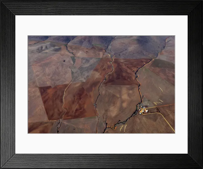Framed Print : Aerial of farm buildings and fallow fields, Pekina, South Australia, Australia Framed Print : Aerial of farm buildings and fallow fields, Pekina, South Australia, Australia
