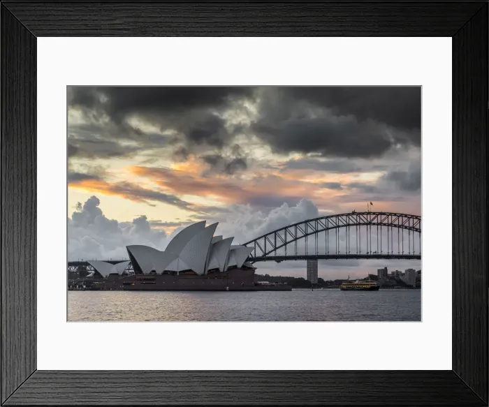 Framed Print : Storm clouds over Sydney Opera House and Sydney Harbour Bridge at sunset, Sydney Framed Print : Storm clouds over Sydney Opera House and Sydney Harbour Bridge at sunset, Sydney