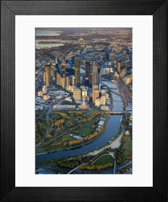 Framed Print : Aerial of central business district, Yarra River and Alexandra Gardens, Melbourne Framed Print : Aerial of central business district, Yarra River and Alexandra Gardens, Melbourne