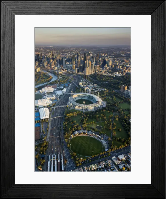 Framed Print : Aerial of central business district, Melbourne Cricket Ground, Melbourne, Victoria Framed Print : Aerial of central business district, Melbourne Cricket Ground, Melbourne, Victoria