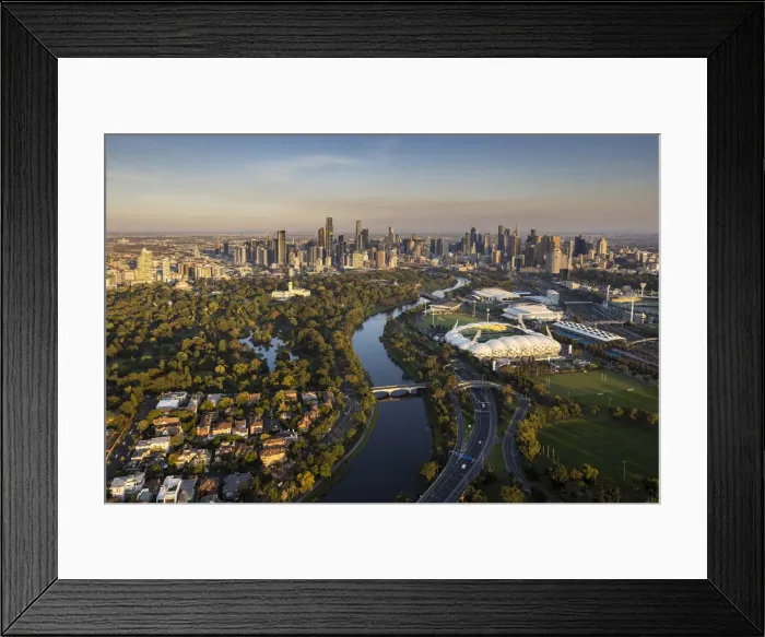 Framed Print : Aerial of the city, Yarra River, Royal Botanic Gardens and aMI Park stadium, Melbourne Framed Print : Aerial of the city, Yarra River, Royal Botanic Gardens and aMI Park stadium, Melbourne