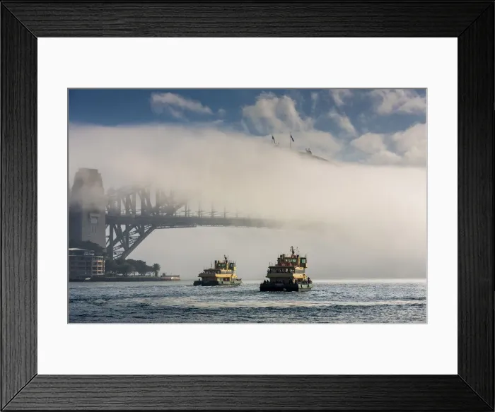 Framed Print : Ferries and Sydney Harbour Bridge in fog, Sydney, New South Wales, Australia Framed Print : Ferries and Sydney Harbour Bridge in fog, Sydney, New South Wales, Australia