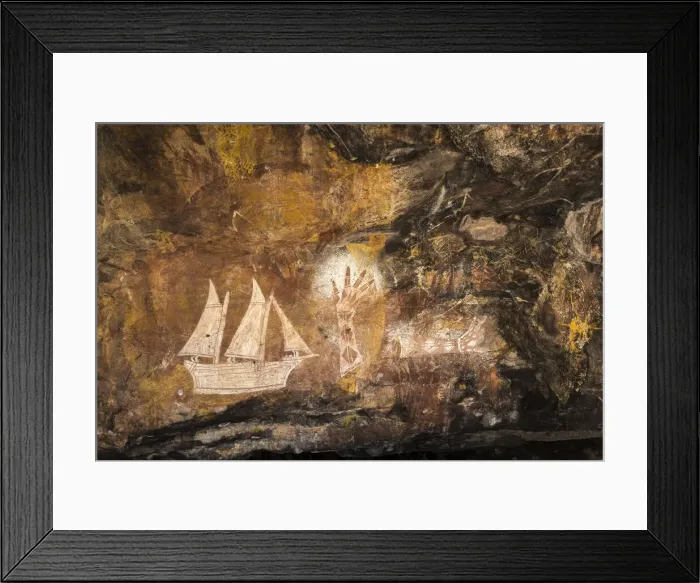 Framed Print : Aboriginal rock art by the late Jacob Nayinggul depicting a Maccassan ship Framed Print : Aboriginal rock art by the late Jacob Nayinggul depicting a Maccassan ship