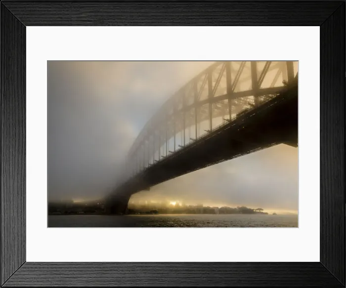 Framed Print : Sydney Harbour Bridge in fog at sunrise, Sydney, New South Wales, Australia Framed Print : Sydney Harbour Bridge in fog at sunrise, Sydney, New South Wales, Australia