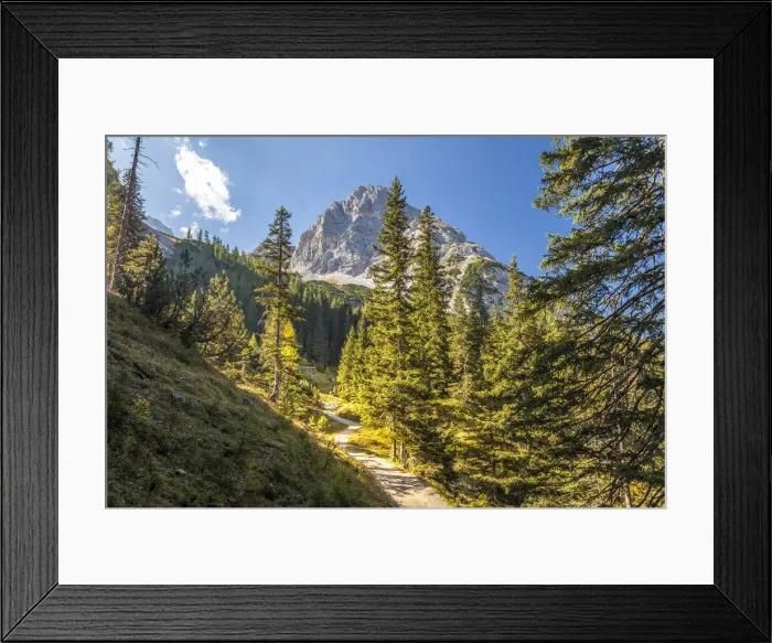 Framed Print : Hiking trail to Lake Seebensee in the Gais valley with a view of the Rauher Kopf Framed Print : Hiking trail to Lake Seebensee in the Gais valley with a view of the Rauher Kopf