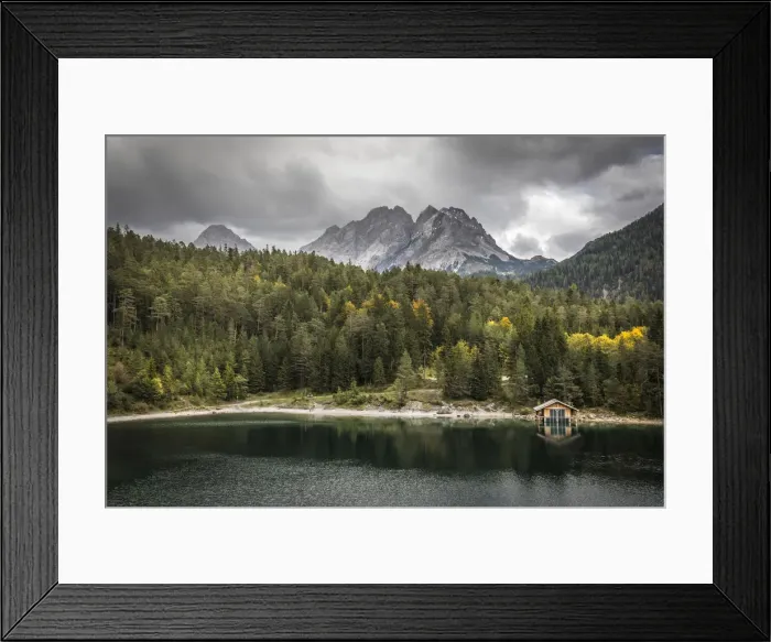 Framed Print : Boathouse on Lake Blindsee with Zugspitze massif, Biberwier, Tyrol, Austria Framed Print : Boathouse on Lake Blindsee with Zugspitze massif, Biberwier, Tyrol, Austria