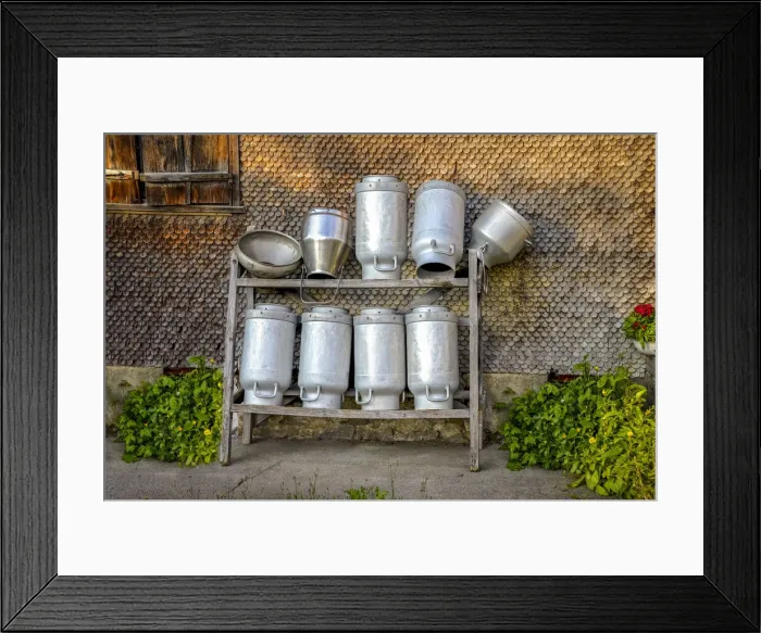 Framed Print : Milk churns on a farm in Innervillgraten, Villgraten valley, East Tyrol, Austria Framed Print : Milk churns on a farm in Innervillgraten, Villgraten valley, East Tyrol, Austria